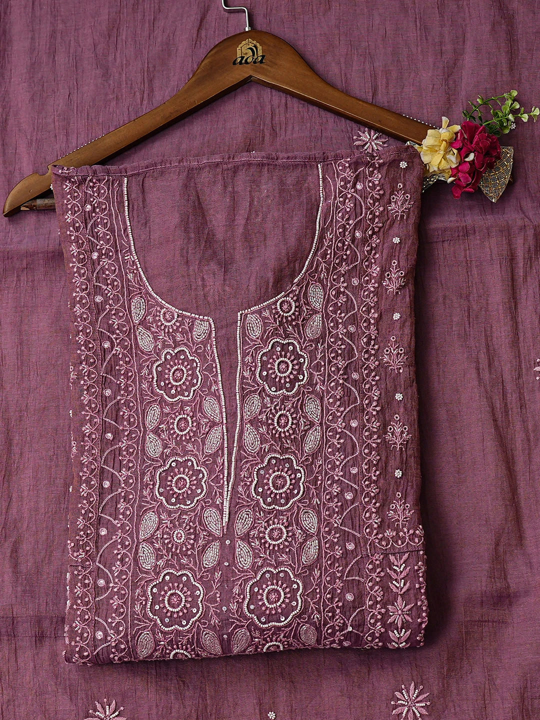 Ada Hand Embroidered Onion Pink Tissue Lucknowi Chikankari Semi-stitched Anarkali Kurta Dupatta Set With Pearl Work 01A949011