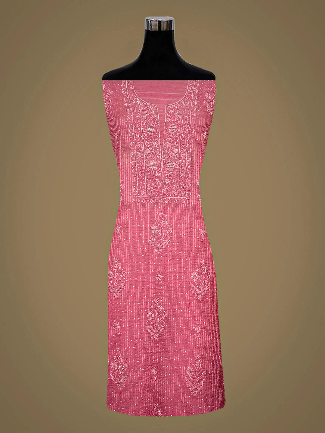 Ada Hand Embroidered Pink Chanderi Lucknowi Chikankari Unstitched Kurta Dupatta Set With Cutdana Work 01A762756