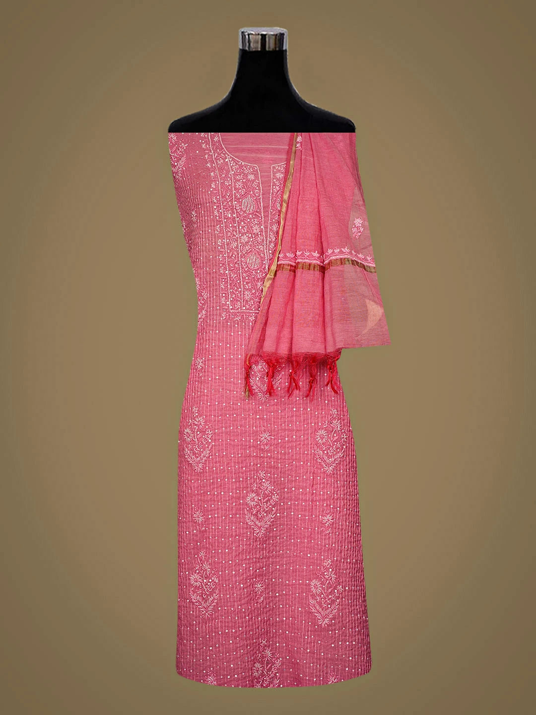 Ada Hand Embroidered Pink Chanderi Lucknowi Chikankari Unstitched Kurta Dupatta Set With Cutdana Work 01A762756