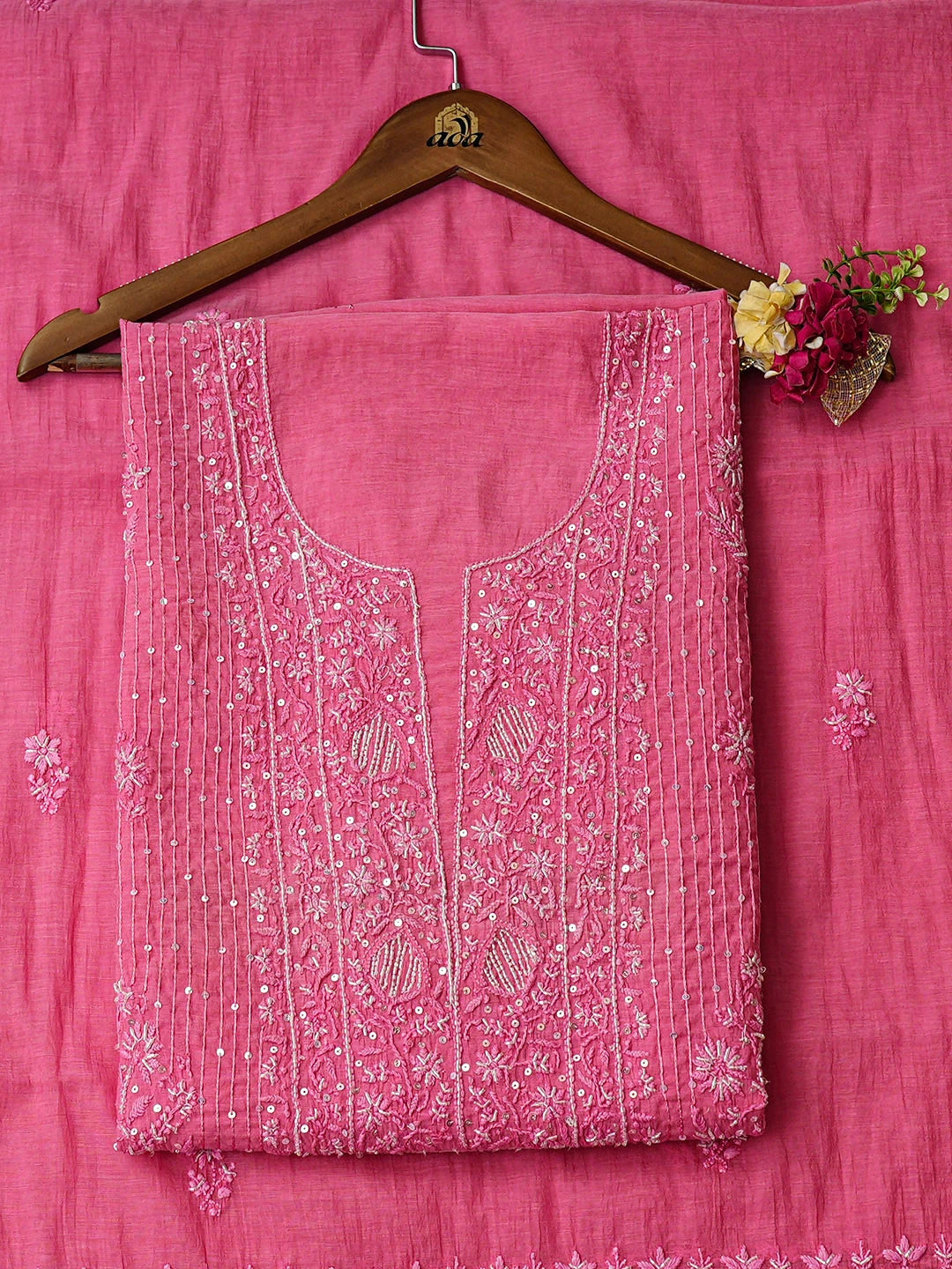 Ada Hand Embroidered Pink Chanderi Lucknowi Chikankari Unstitched Kurta Dupatta Set With Cutdana Work 01A762756