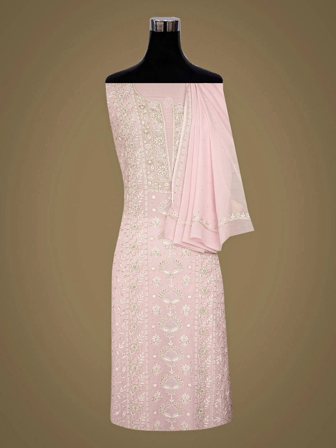 Ada Hand Embroidered Pink Viscose Georgette Lucknowi Chikankari Unstitched Kurta Dupatta Set With Cutdana Work 01A887973