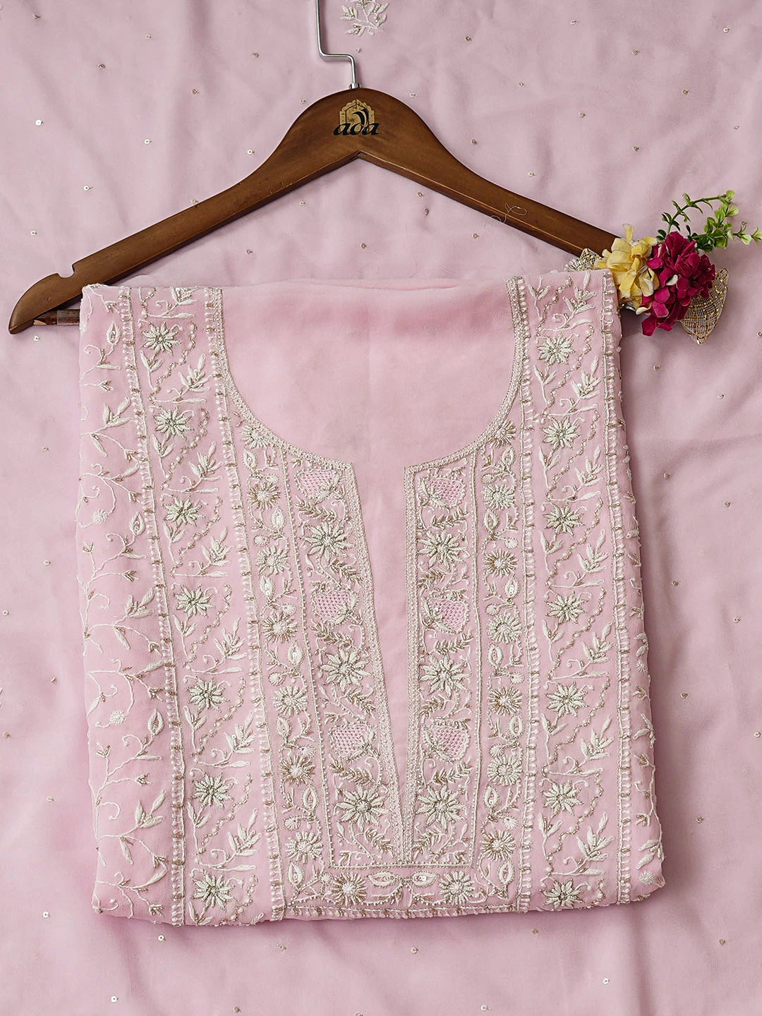 Ada Hand Embroidered Pink Viscose Georgette Lucknowi Chikankari Unstitched Kurta Dupatta Set With Cutdana Work 01A887973