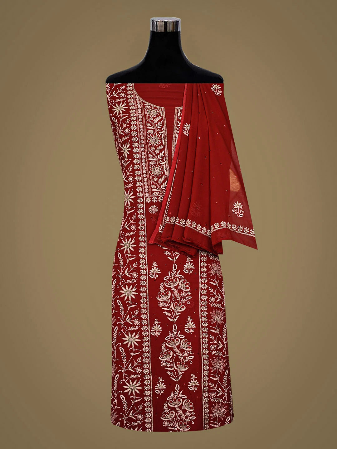 Ada Hand Embroidered Red Viscose Georgette Lucknowi Chikankari Unstitched Kurta Dupatta Set With Cutdana Work 01A630119