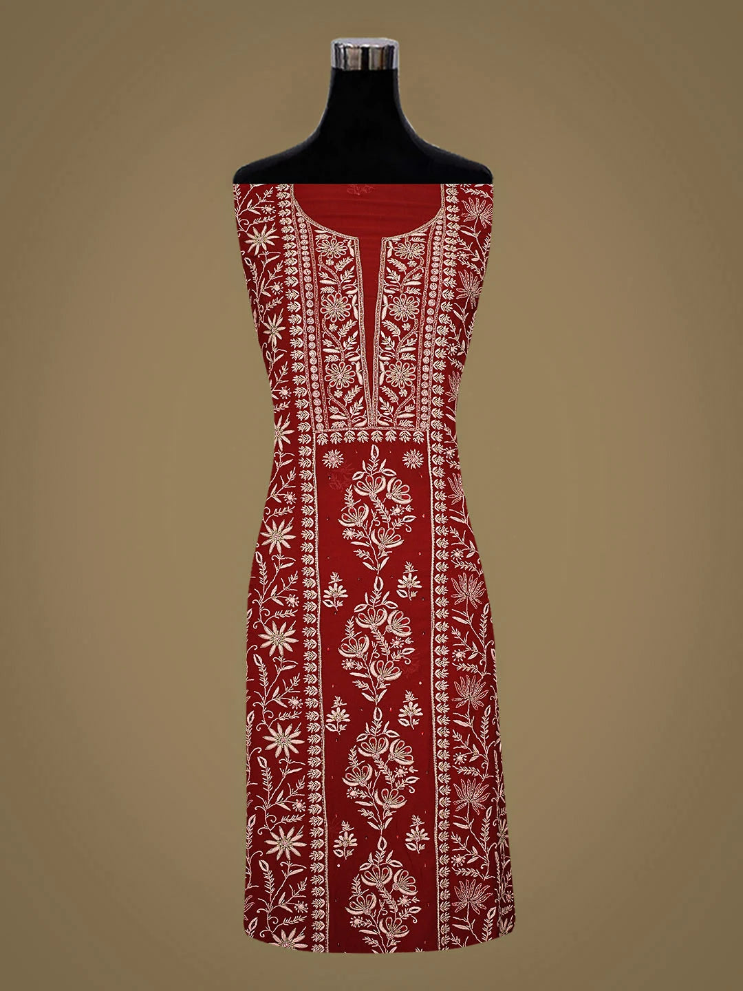 Ada Hand Embroidered Red Viscose Georgette Lucknowi Chikankari Unstitched Kurta Dupatta Set With Cutdana Work 01A630119