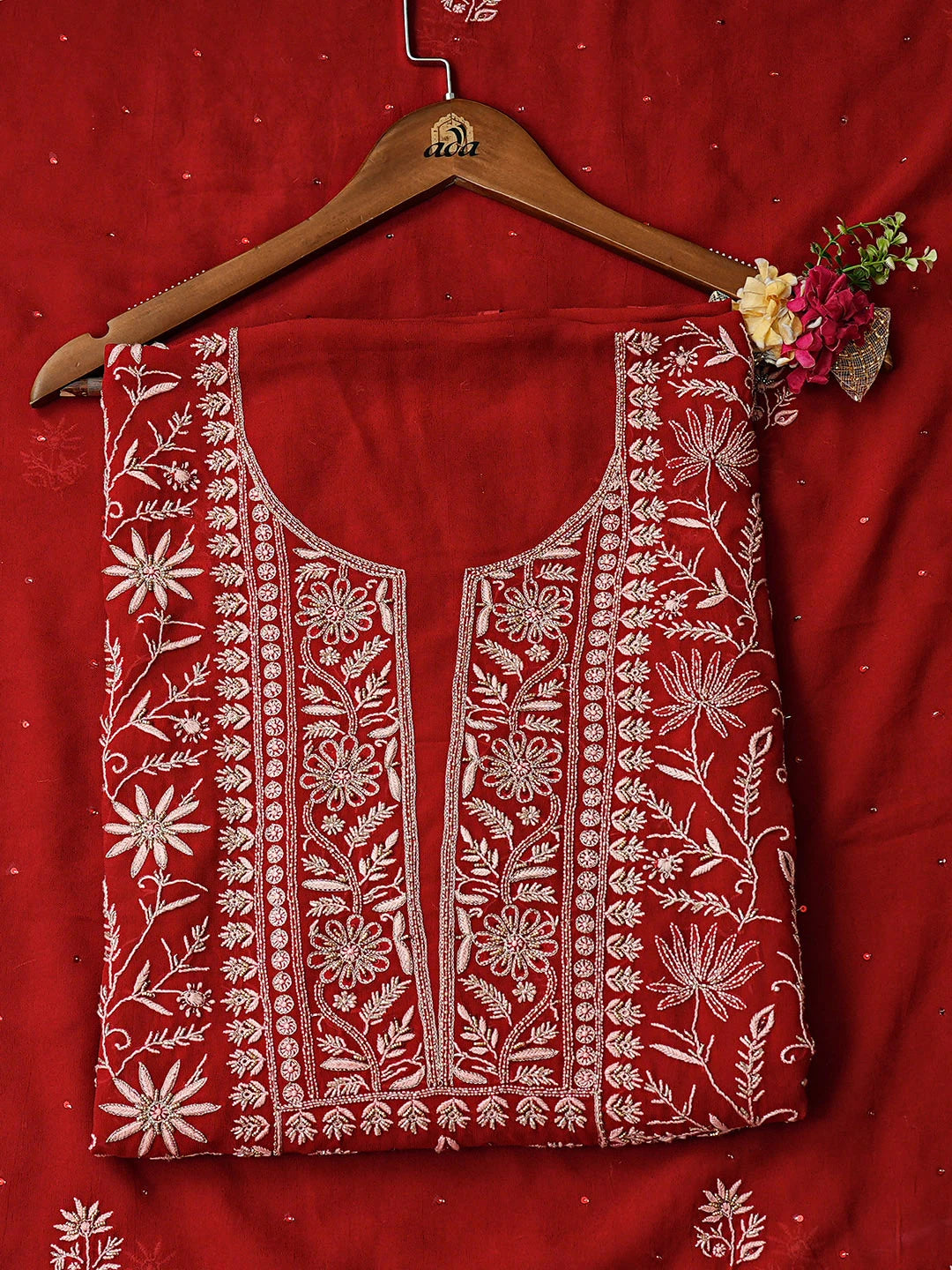 Ada Hand Embroidered Red Viscose Georgette Lucknowi Chikankari Unstitched Kurta Dupatta Set With Cutdana Work 01A630119