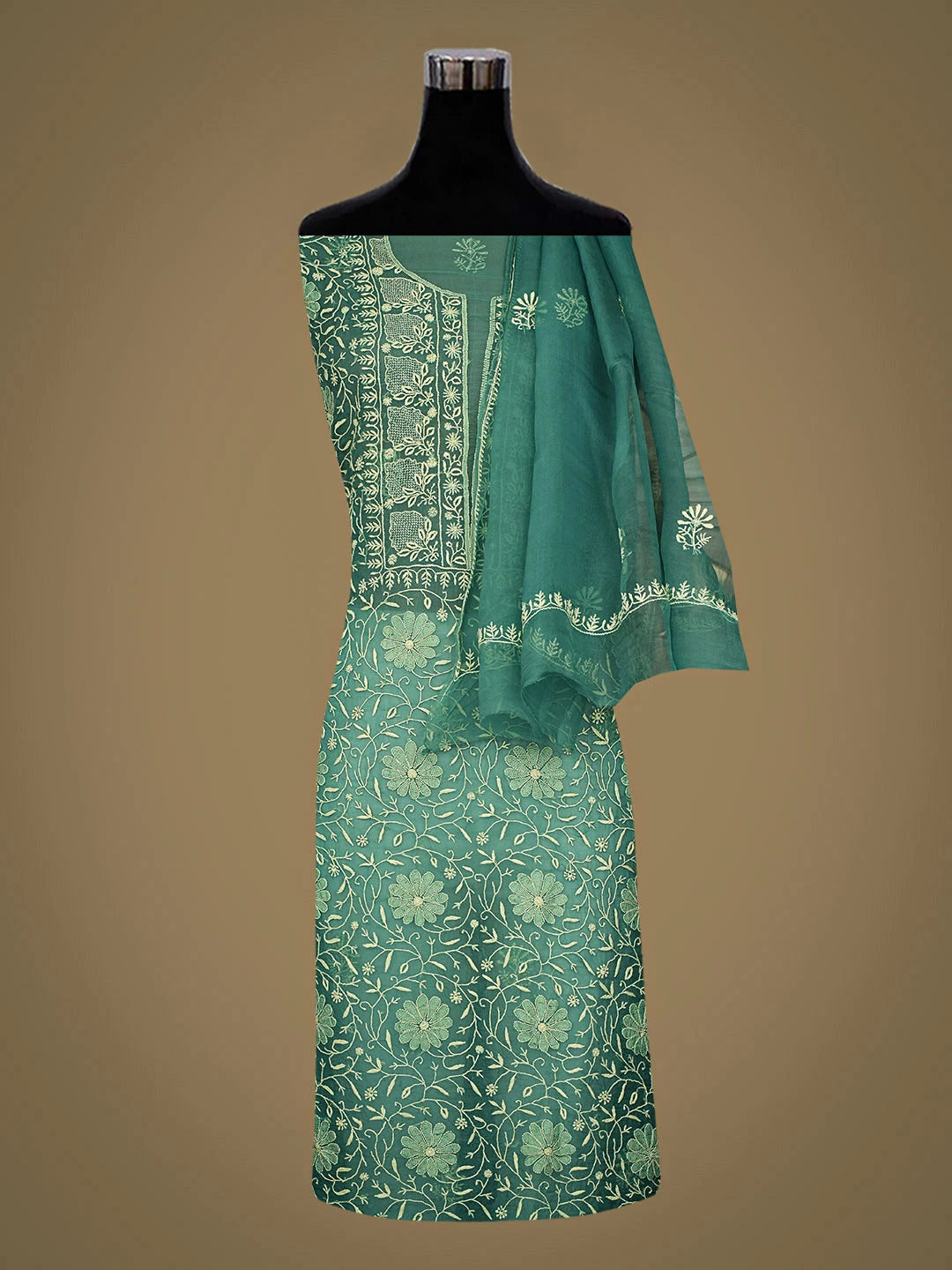 Ada Hand Embroidered Green Organza Lucknowi Chikankari Unstitched Kurta Dupatta Set 01A939376