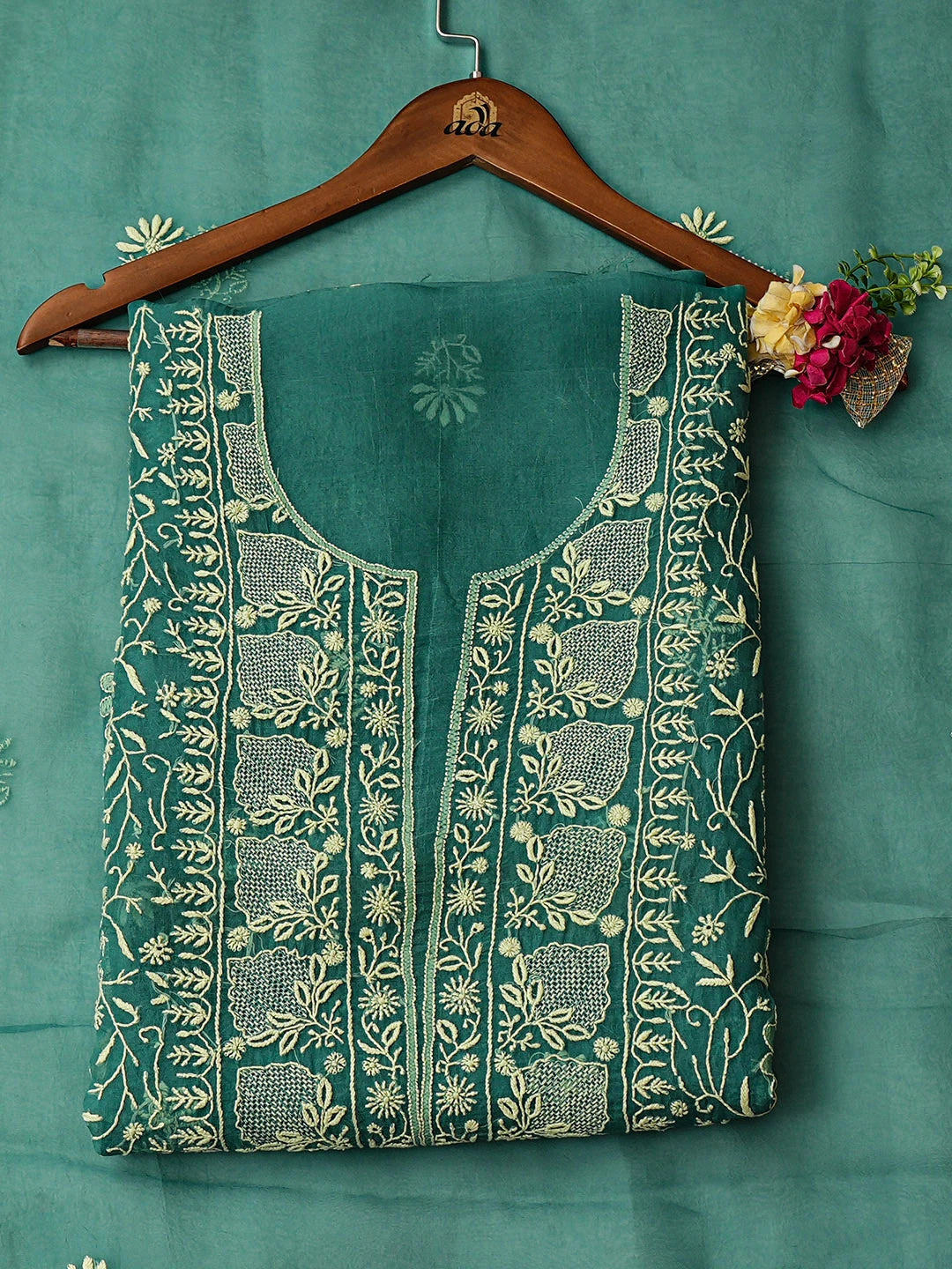 Ada Hand Embroidered Green Organza Lucknowi Chikankari Unstitched Kurta Dupatta Set 01A939376