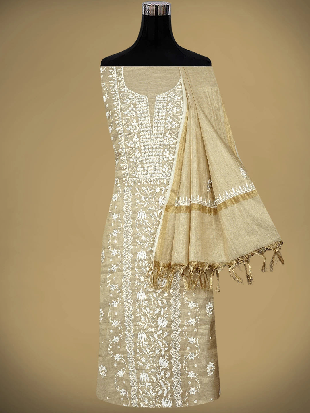 Ada Hand Embroidered Fawn Tissue Lucknowi Chikankari Unstitched Kurta Dupatta Set With Pearl Work 01A968212