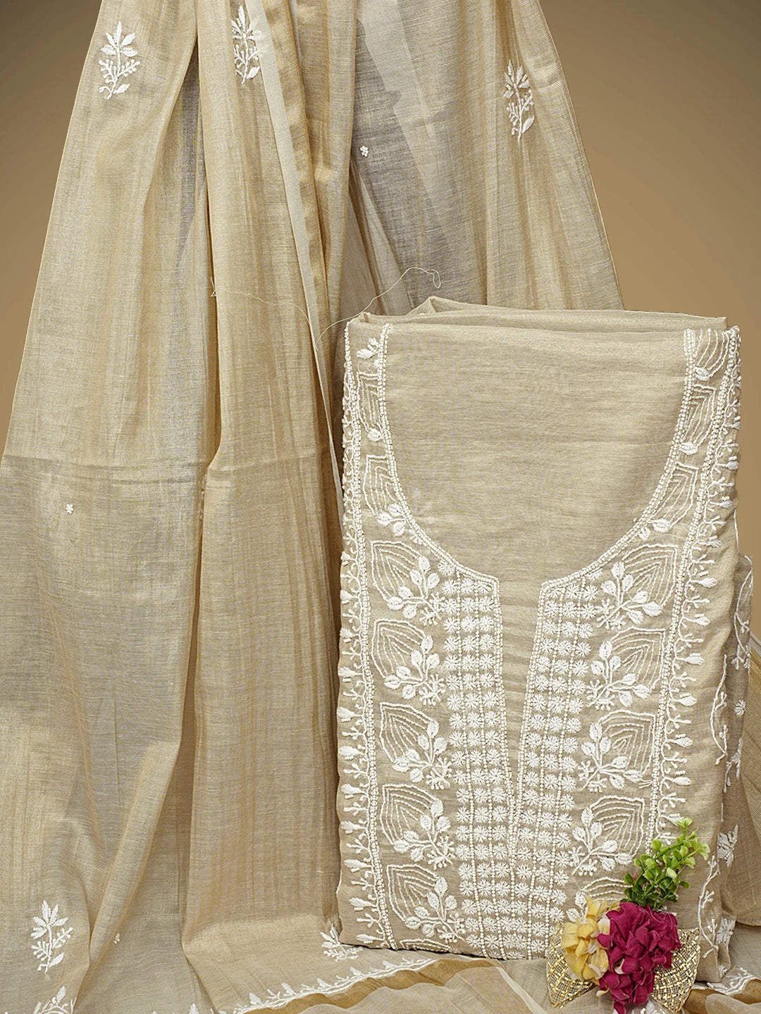 Ada Hand Embroidered Fawn Tissue Lucknowi Chikankari Unstitched Kurta Dupatta Set With Pearl Work 01A968212