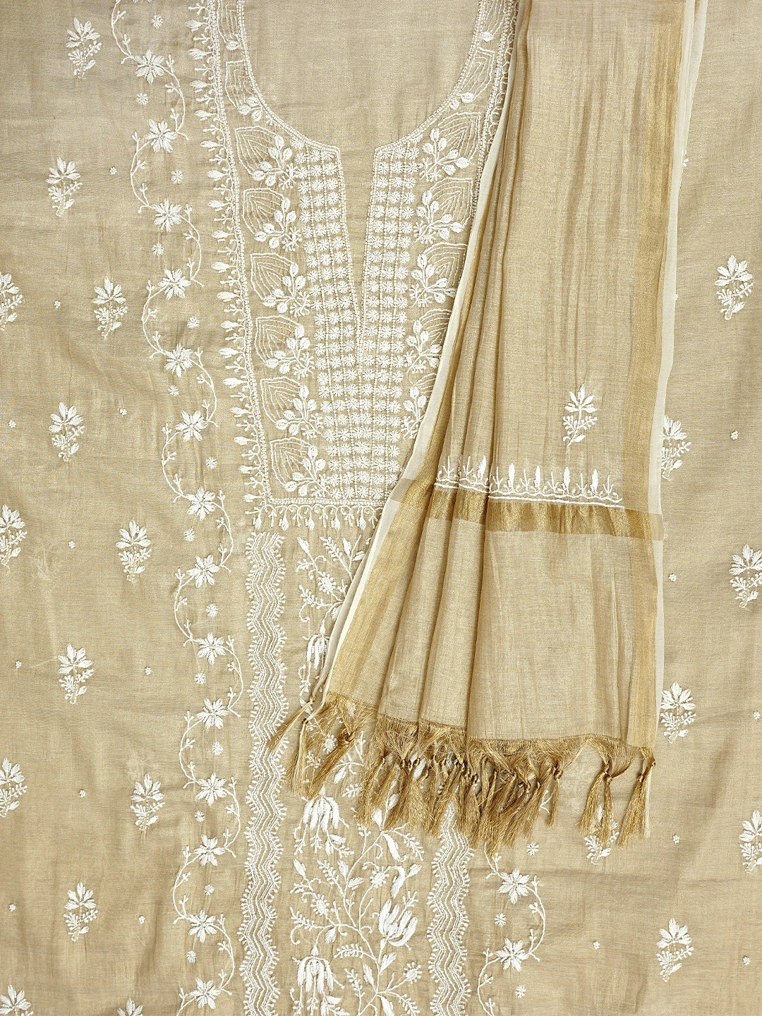 Ada Hand Embroidered Fawn Tissue Lucknowi Chikankari Unstitched Kurta Dupatta Set With Pearl Work 01A968212