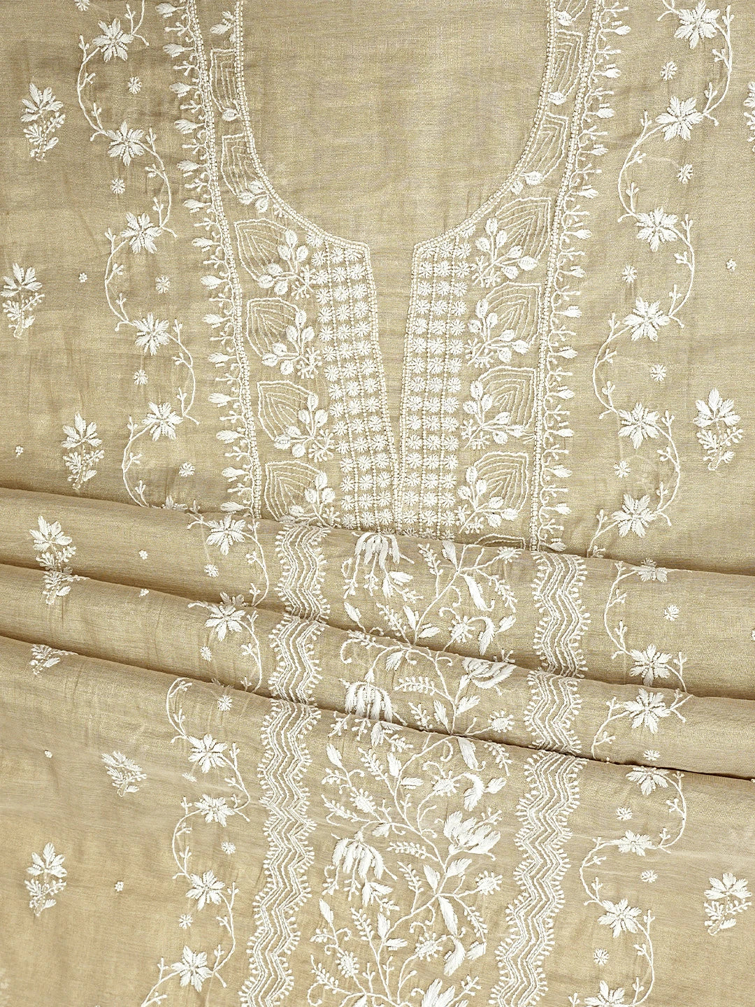 Ada Hand Embroidered Fawn Tissue Lucknowi Chikankari Unstitched Kurta Dupatta Set With Pearl Work 01A968212