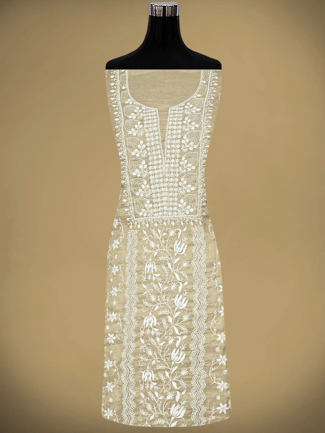 Ada Hand Embroidered Fawn Tissue Lucknowi Chikankari Unstitched Kurta Dupatta Set With Pearl Work 01A968212
