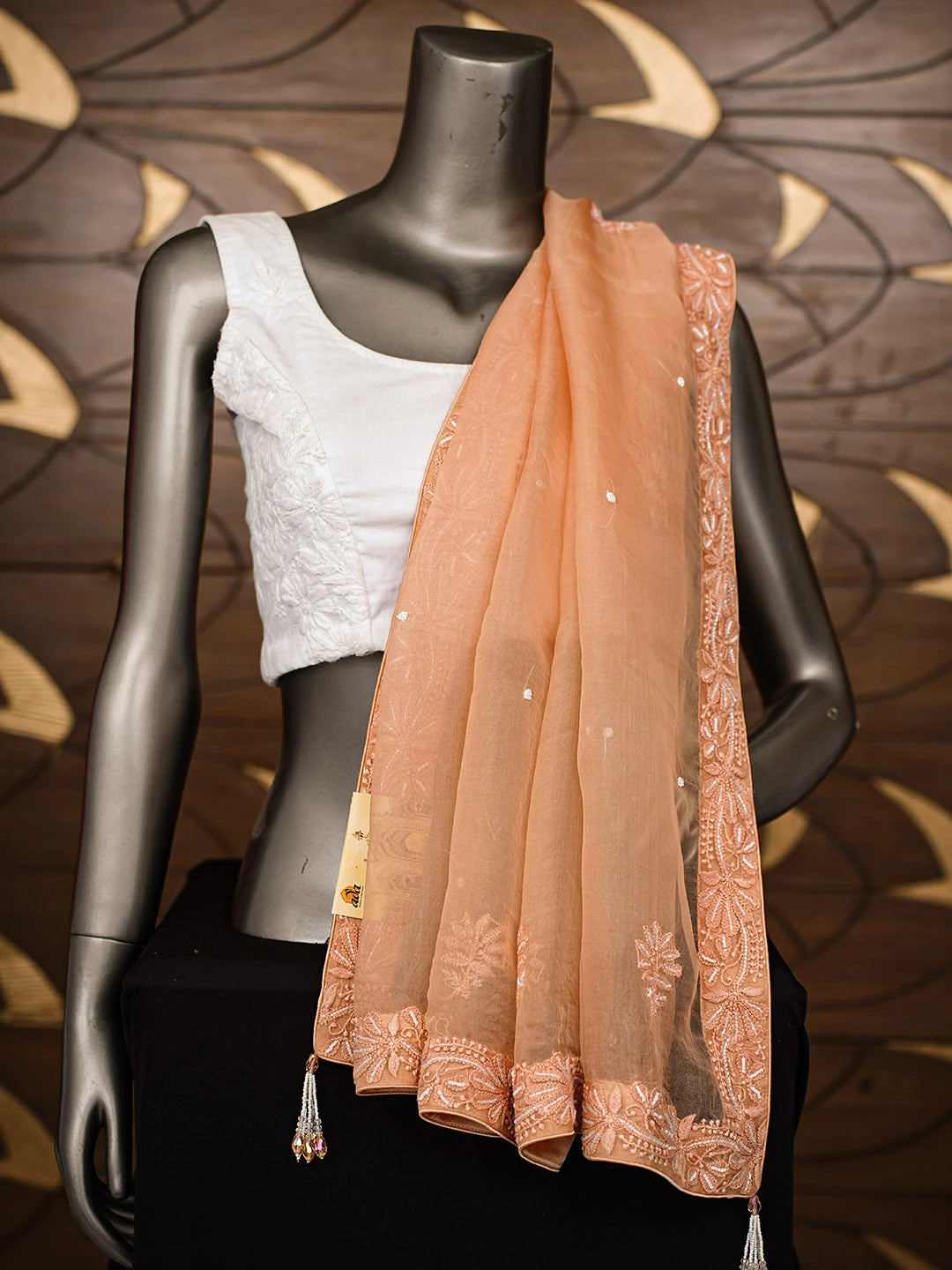 Ada Hand Embroidered Dusty Peach Organza Lucknowi Chikankari Dupatta With Cutdana Work 01A754226