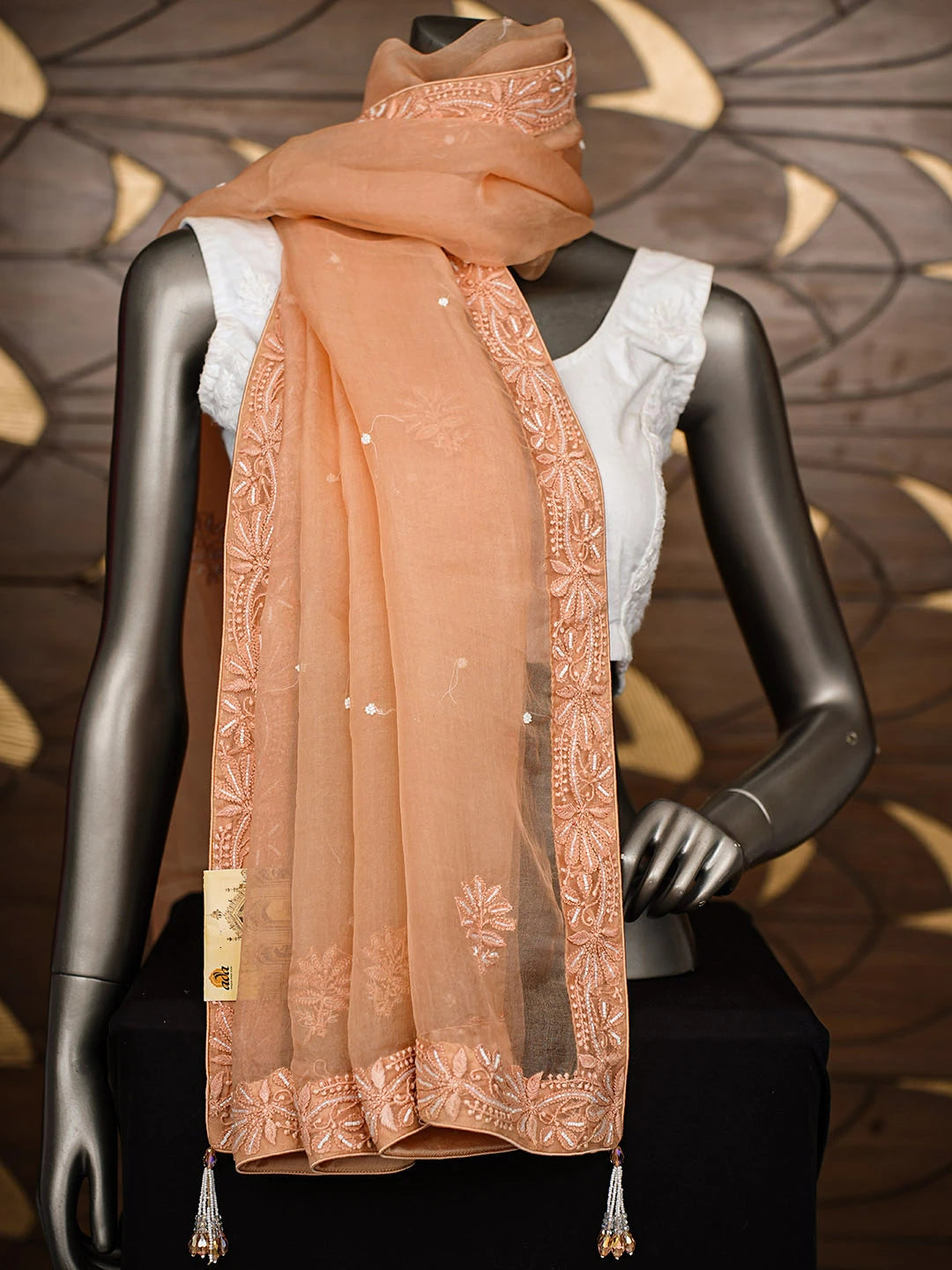 Ada Hand Embroidered Dusty Peach Organza Lucknowi Chikankari Dupatta With Cutdana Work 01A754226