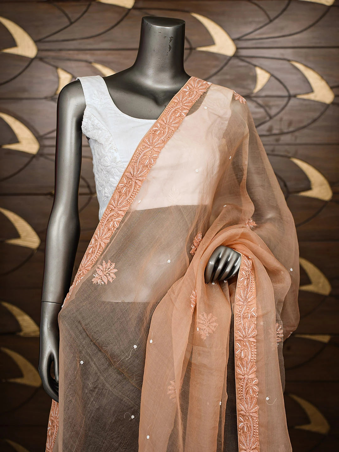 Ada Hand Embroidered Dusty Peach Organza Lucknowi Chikankari Dupatta With Cutdana Work 01A754226