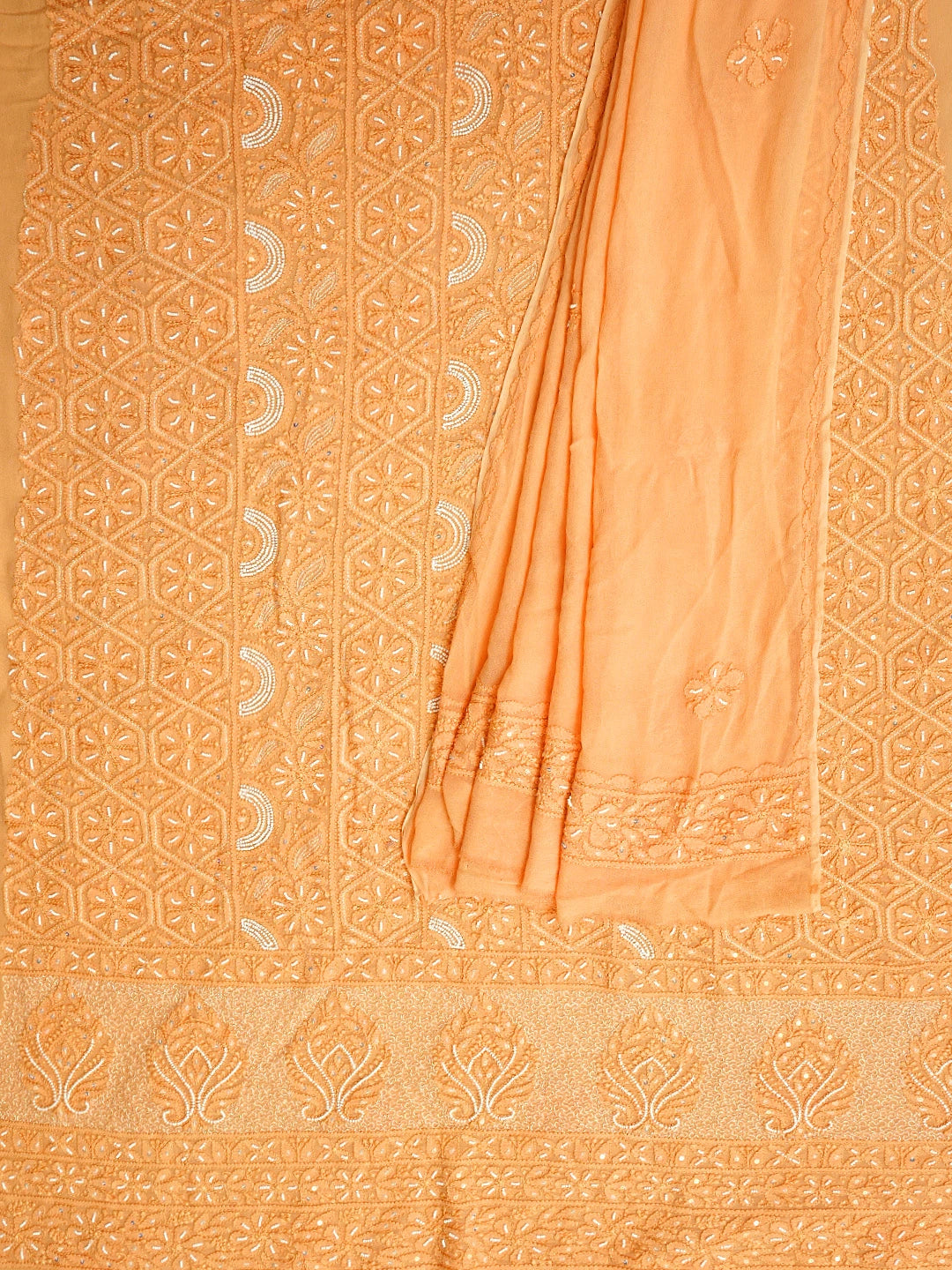 Ada Hand Embroidered Orange Viscose Georgette Lucknowi Chikankari Unstitched Kurta Dupatta Set With Zari Work 01A957821