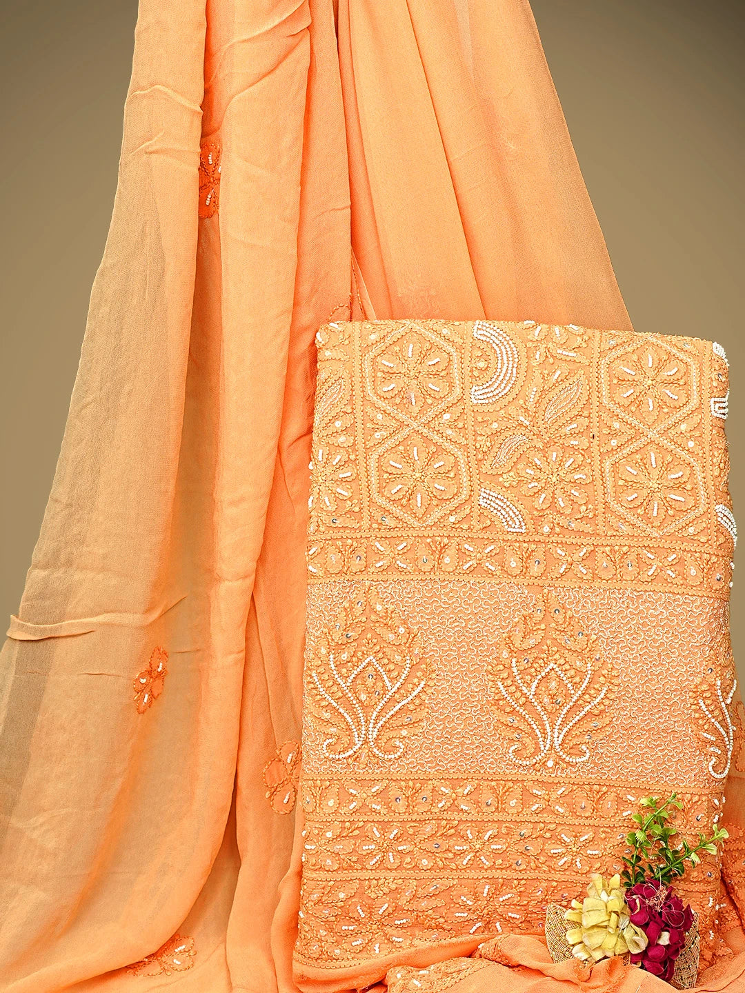 Ada Hand Embroidered Orange Viscose Georgette Lucknowi Chikankari Unstitched Kurta Dupatta Set With Zari Work 01A957821