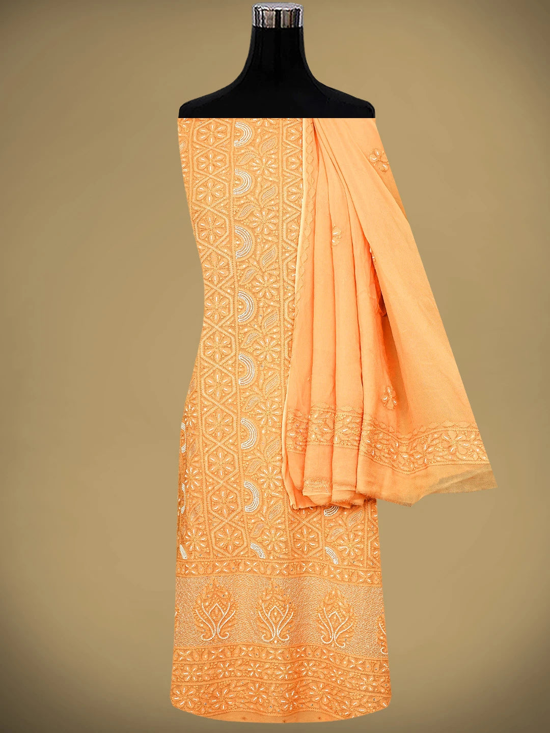 Ada Hand Embroidered Orange Viscose Georgette Lucknowi Chikankari Unstitched Kurta Dupatta Set With Zari Work 01A957821