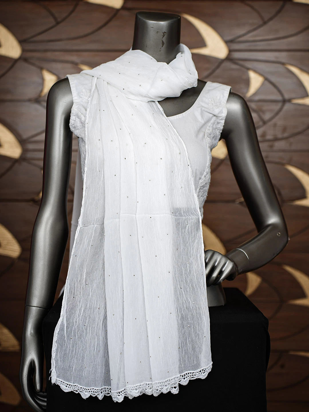 Ada Hand Embroidered White Chiffon Dupatta With Muqaish/Mukaish Work 01A968253