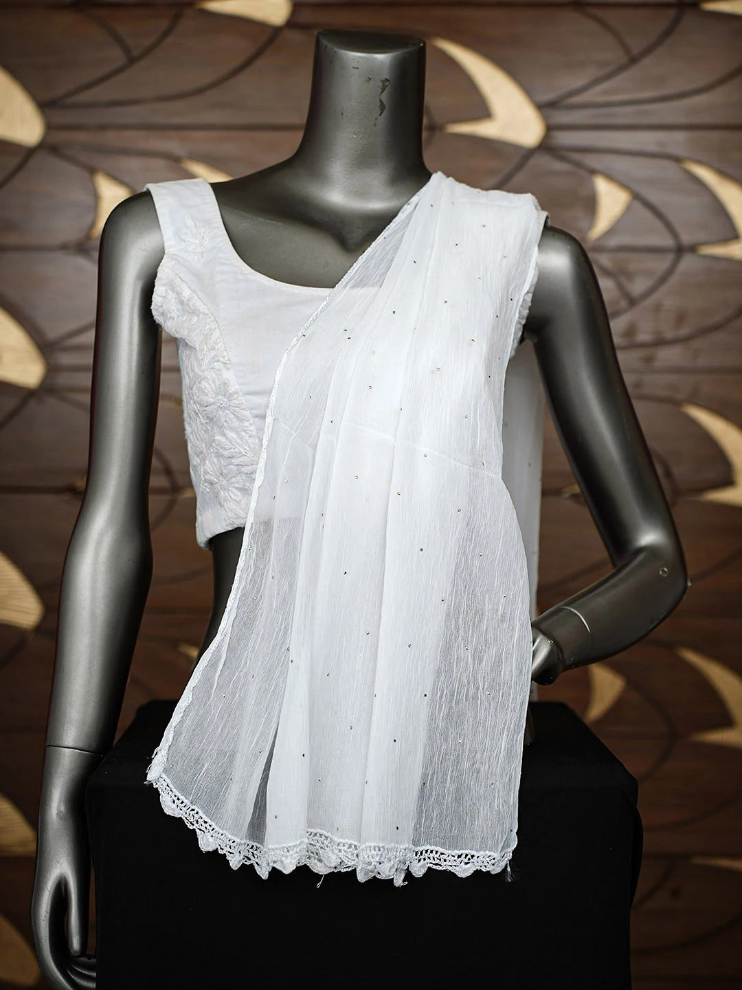 Ada Hand Embroidered White Chiffon Dupatta With Muqaish/Mukaish Work 01A968253