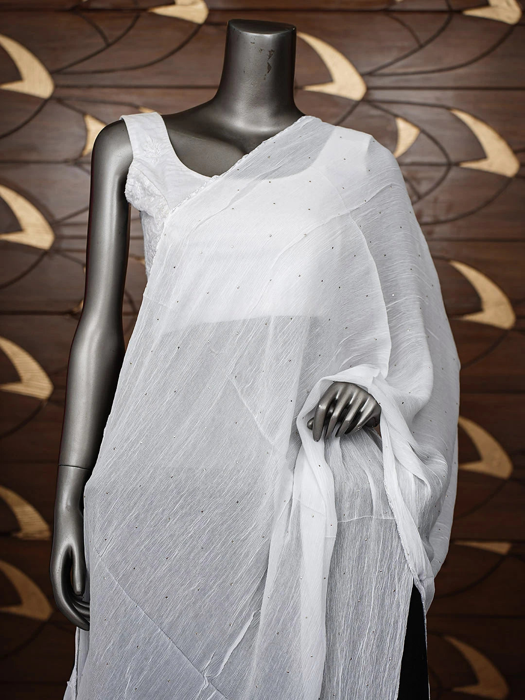 Ada Hand Embroidered White Chiffon Dupatta With Muqaish/Mukaish Work 01A968253