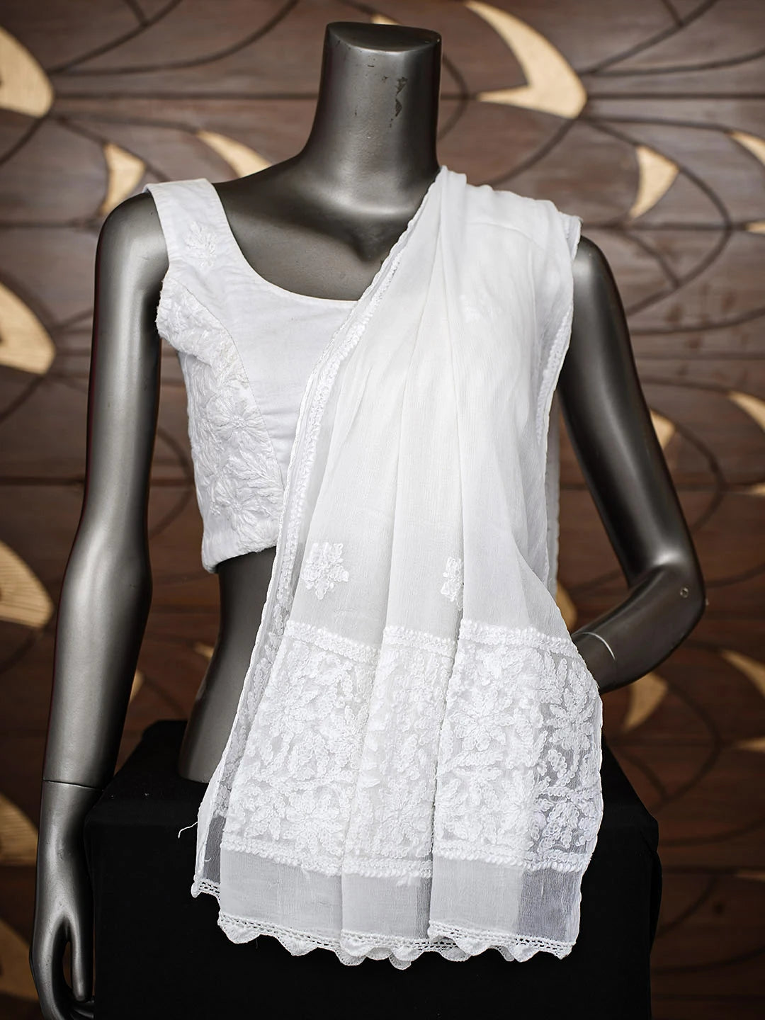 Ada Hand Embroidered White Chiffon Lucknowi Chikankari Dupatta 01A968317