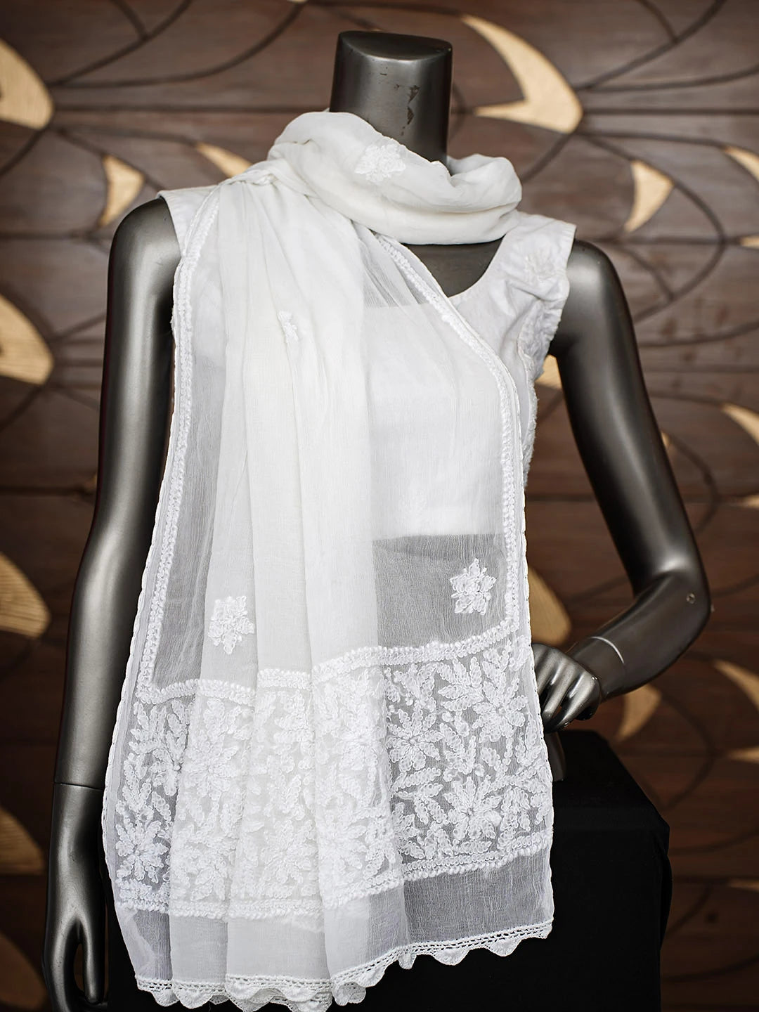 Ada Hand Embroidered White Chiffon Lucknowi Chikankari Dupatta 01A968317