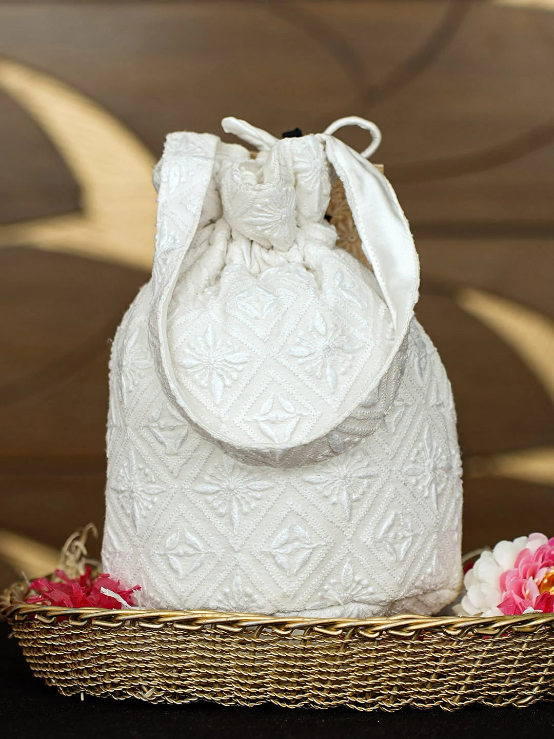 Ada Hand Embroidered White Pure Georgette Lucknowi Chikankari Potli Bag 01A963474