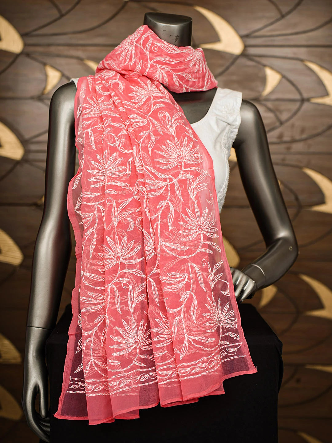Ada Hand Embroidered Peach Faux Georgette Lucknowi Chikankari Dupatta 01A859615