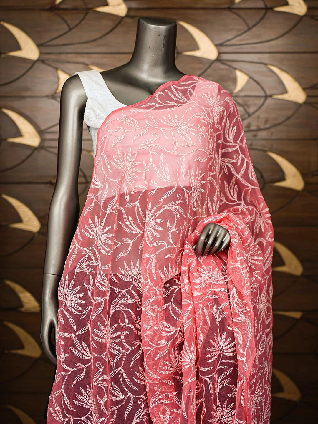 Ada Hand Embroidered Peach Faux Georgette Lucknowi Chikankari Dupatta 01A859615