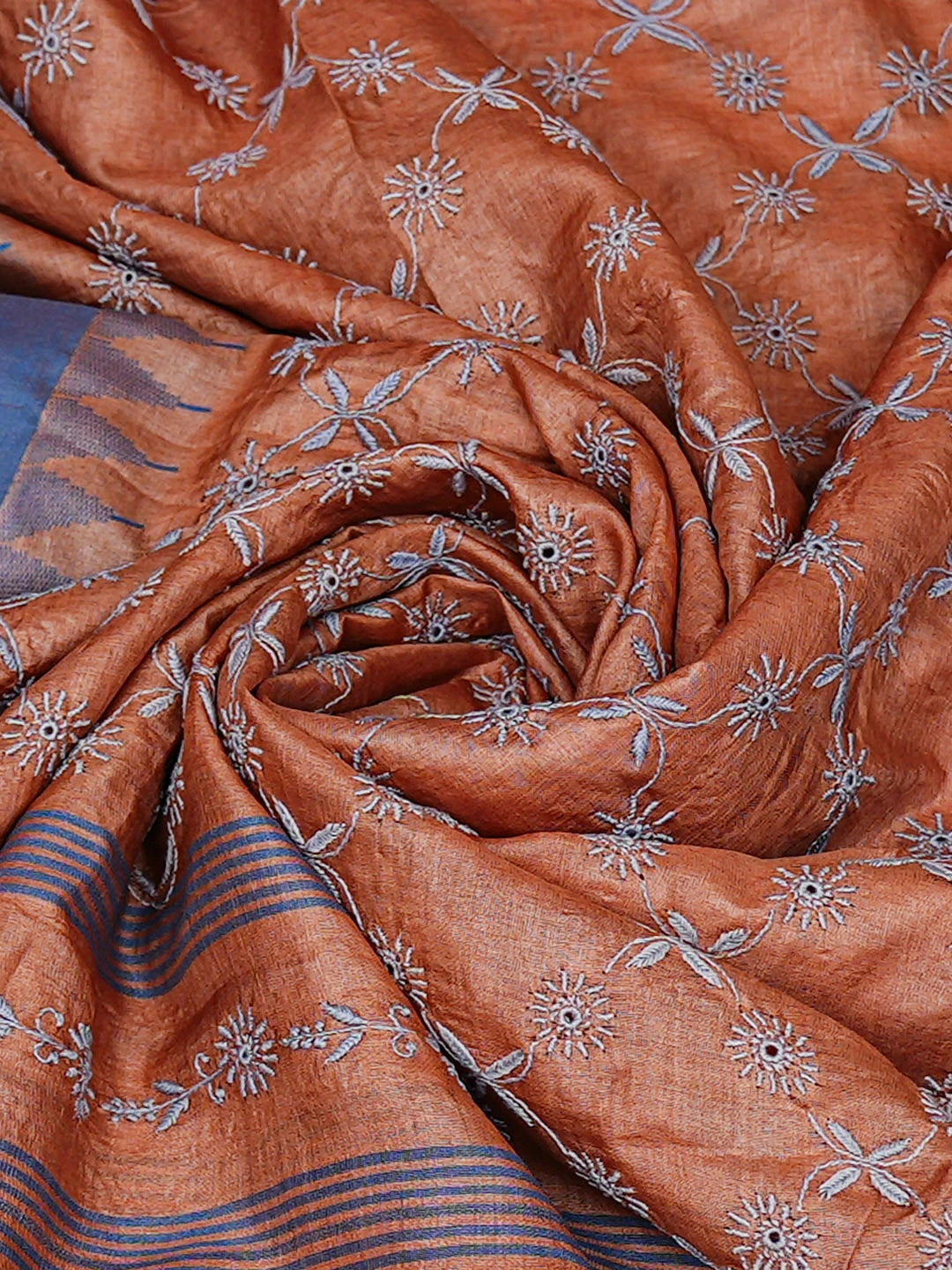 Ada Hand Embroidered Rust Tussar Silk Lucknowi Chikankari Dupatta 01A900665