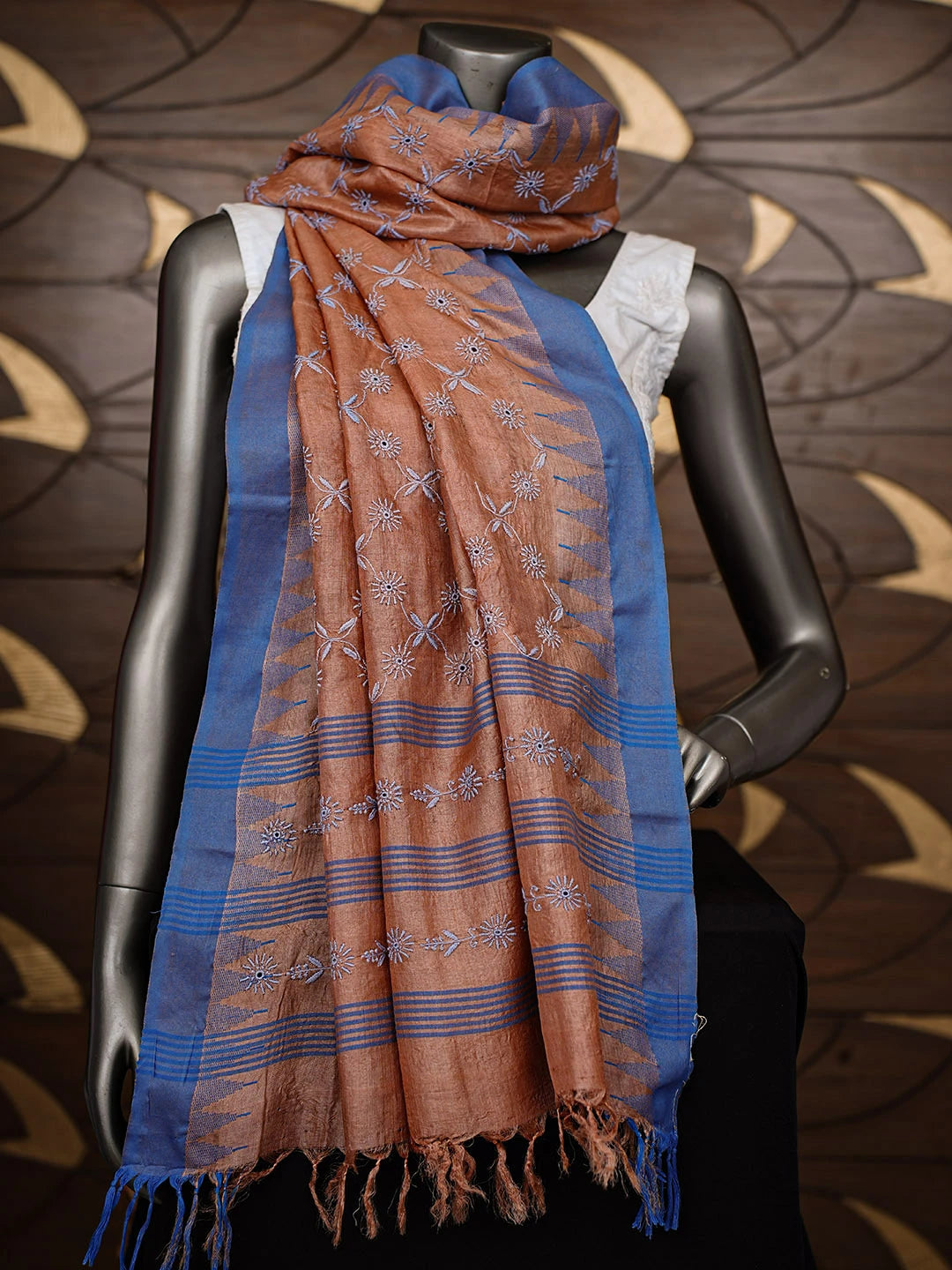 Ada Hand Embroidered Rust Tussar Silk Lucknowi Chikankari Dupatta 01A900665