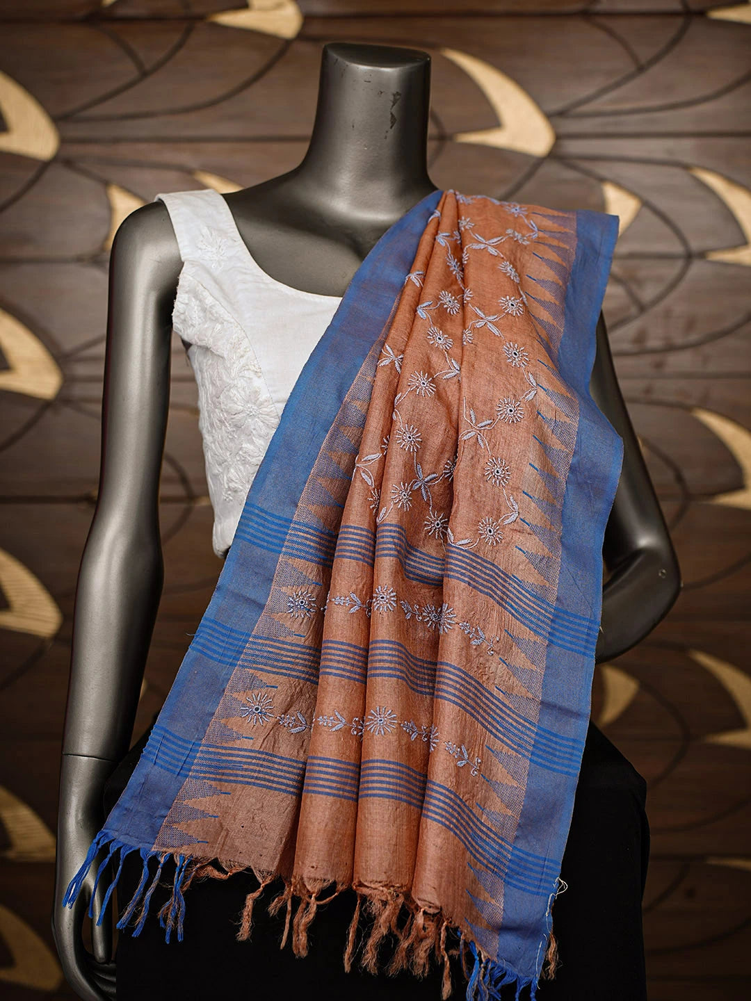 Ada Hand Embroidered Rust Tussar Silk Lucknowi Chikankari Dupatta 01A900665