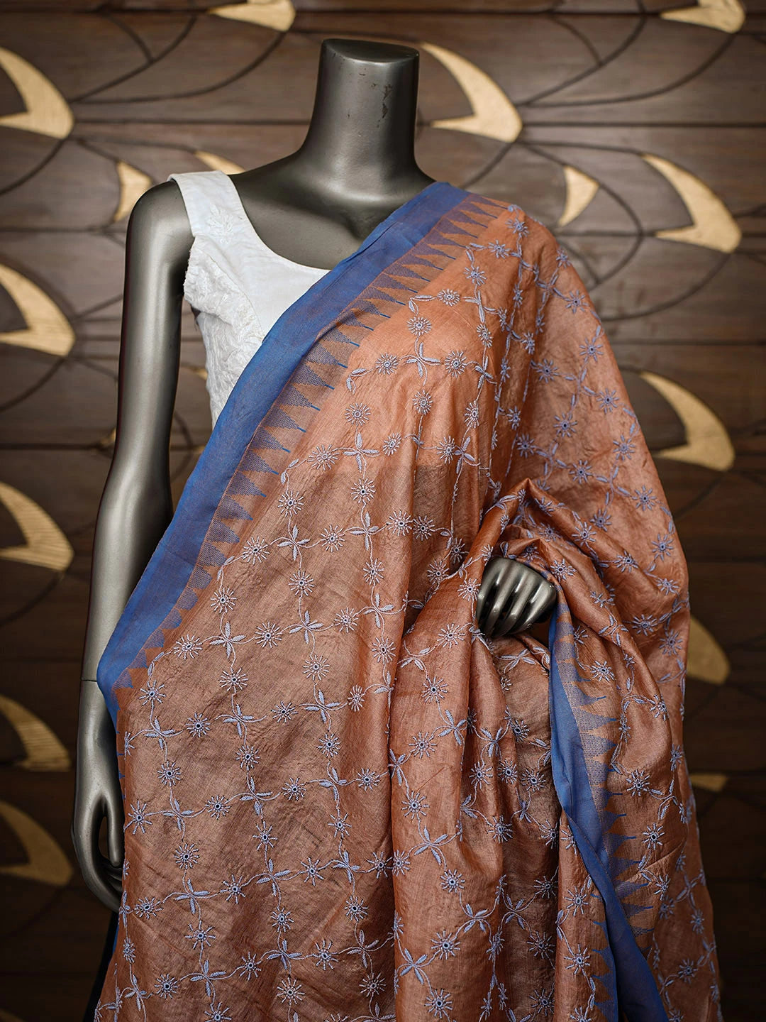 Ada Hand Embroidered Rust Tussar Silk Lucknowi Chikankari Dupatta 01A900665