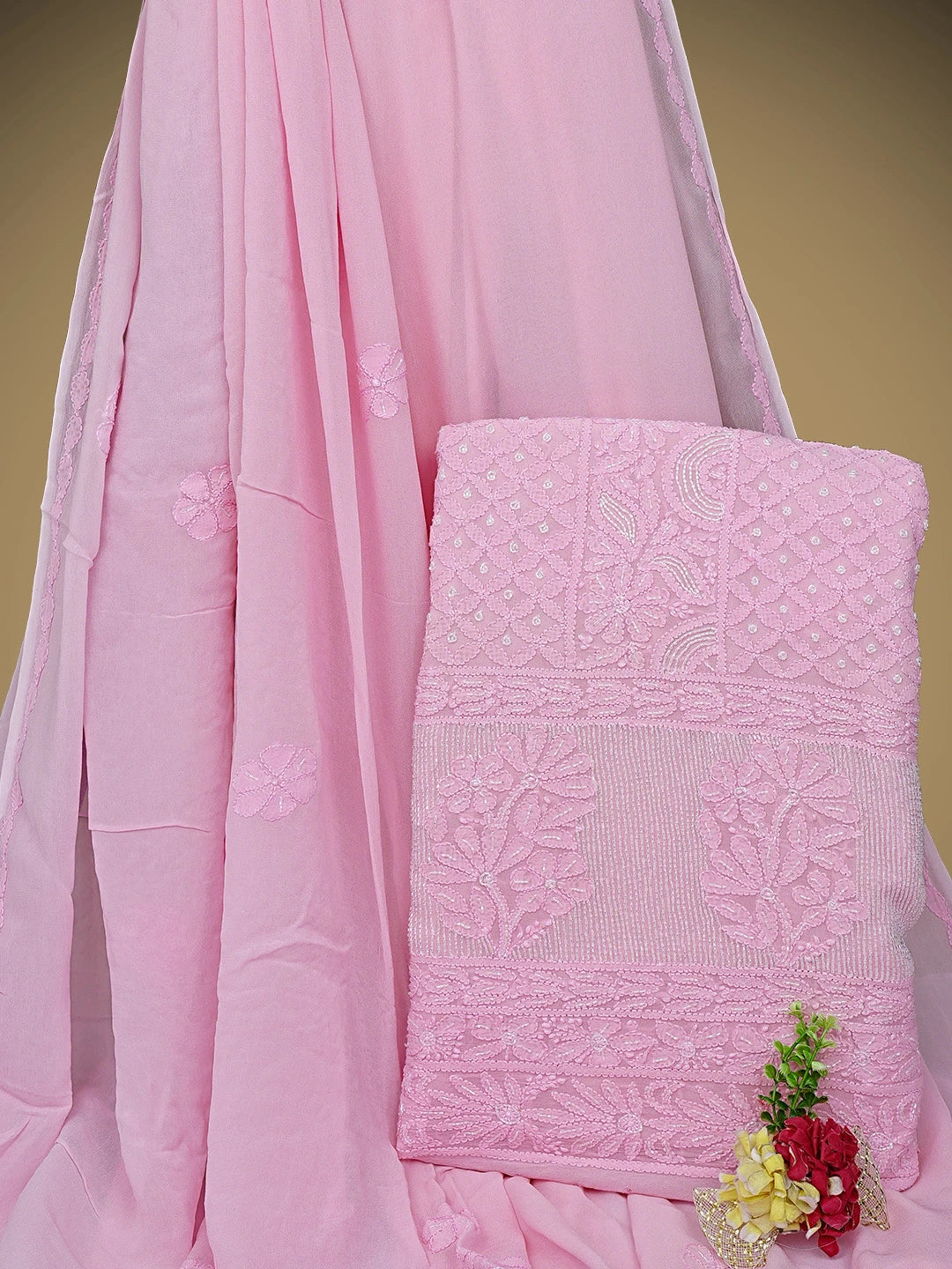 Ada Hand Embroidered Pink Viscose Georgette Lucknowi Chikankari Unstitched Kurta Dupatta Set With Cutdana Work 01A957723