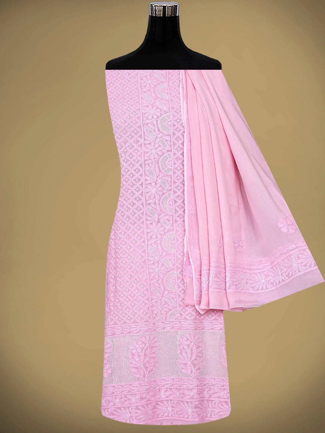 Ada Hand Embroidered Pink Viscose Georgette Lucknowi Chikankari Unstitched Kurta Dupatta Set With Cutdana Work 01A957723
