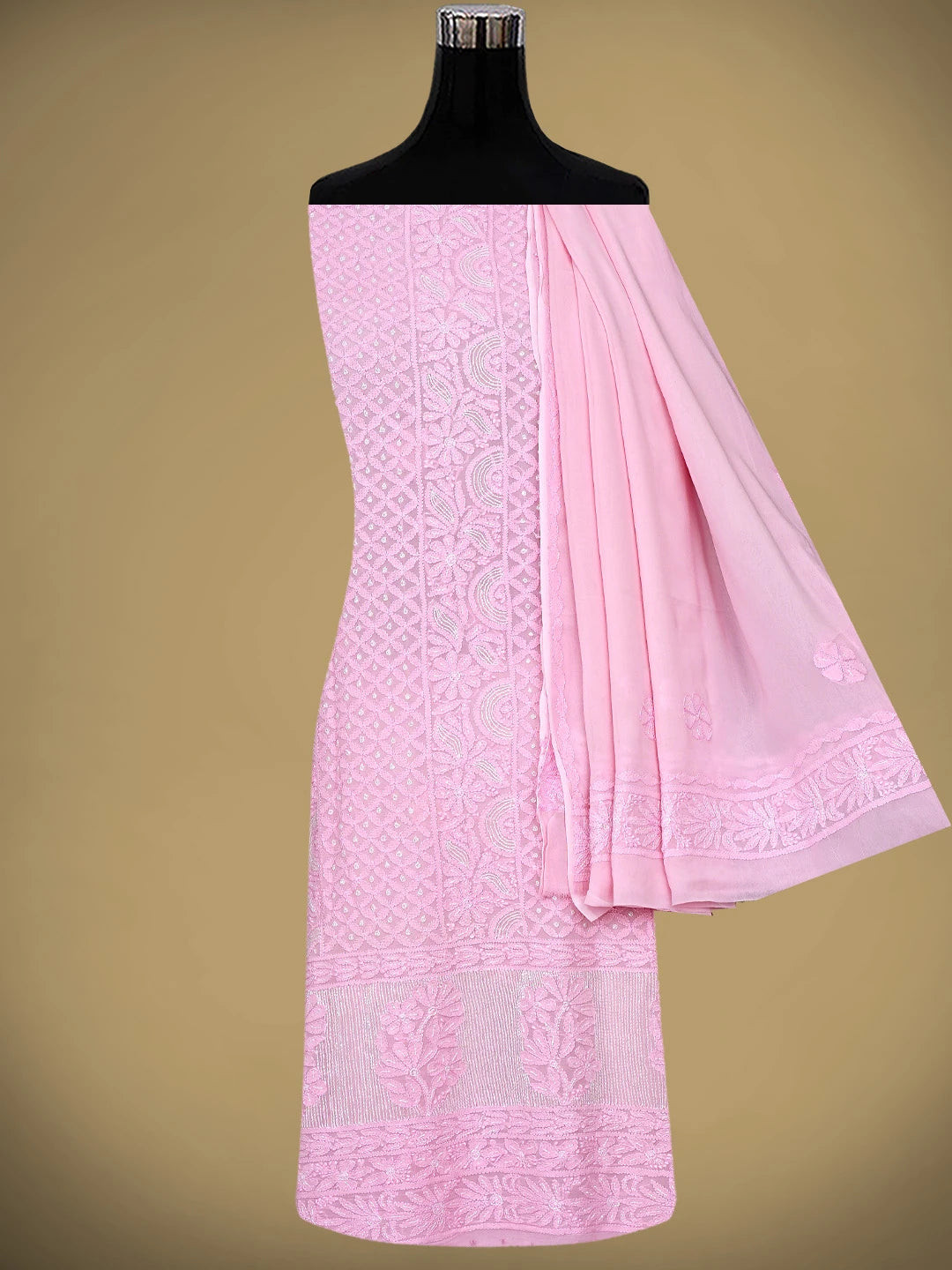 Ada Hand Embroidered Pink Viscose Georgette Lucknowi Chikankari Unstitched Kurta Dupatta Set With Cutdana Work 01A957723