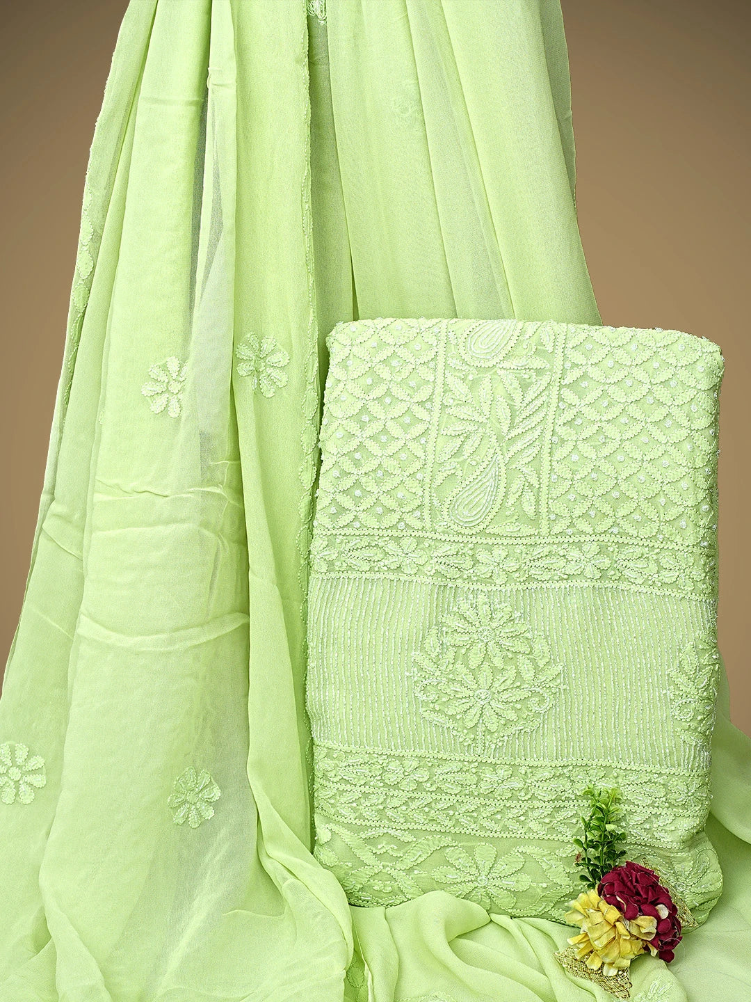 Ada Hand Embroidered Pista Green Viscose Georgette Lucknowi Chikankari Unstitched Kurta Dupatta Set With Cutdana Work  01A957820