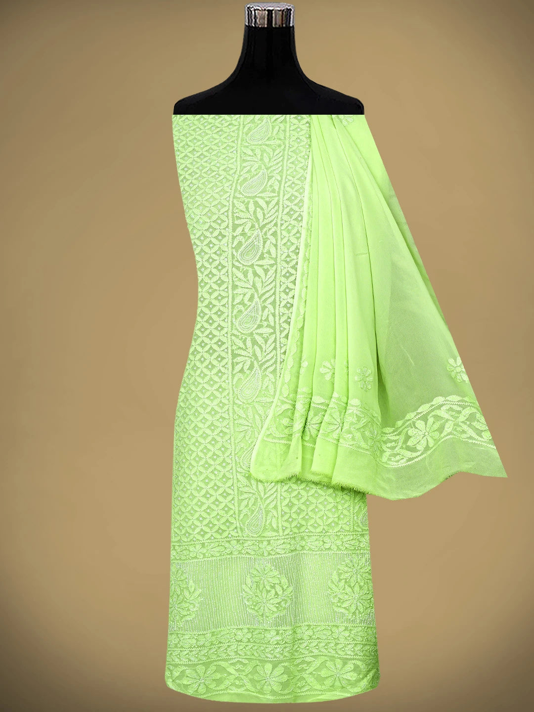 Ada Hand Embroidered Pista Green Viscose Georgette Lucknowi Chikankari Unstitched Kurta Dupatta Set With Cutdana Work  01A957820