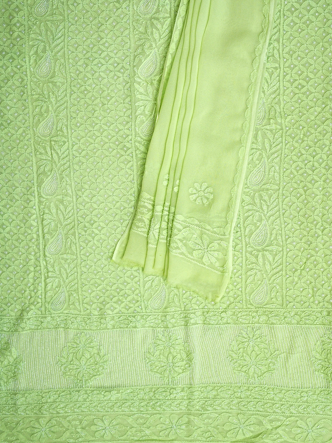 Ada Hand Embroidered Pista Green Viscose Georgette Lucknowi Chikankari Unstitched Kurta Dupatta Set With Cutdana Work  01A957820