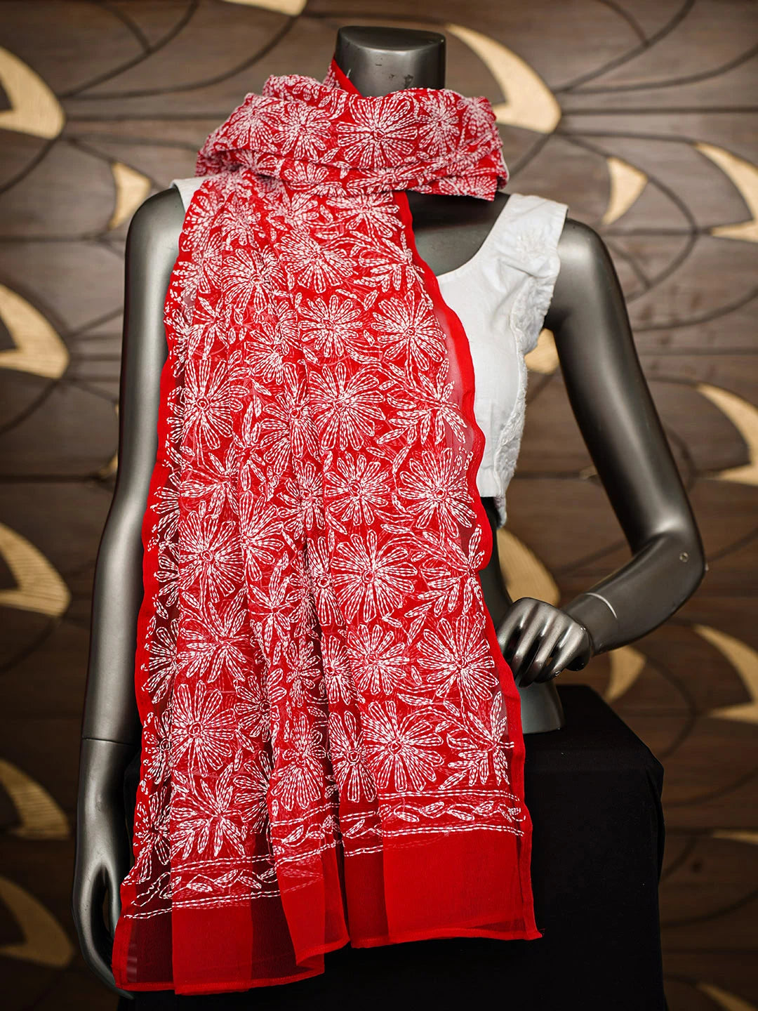 Ada Hand Embroidered Red Faux Georgette Lucknowi Chikankari Dupatta 01A859618