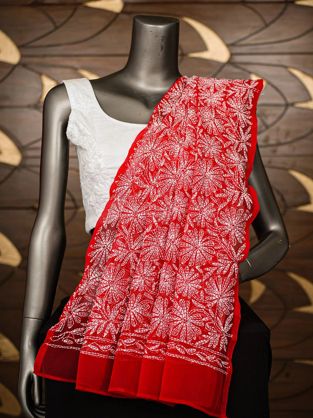 Ada Hand Embroidered Red Faux Georgette Lucknowi Chikankari Dupatta 01A859618