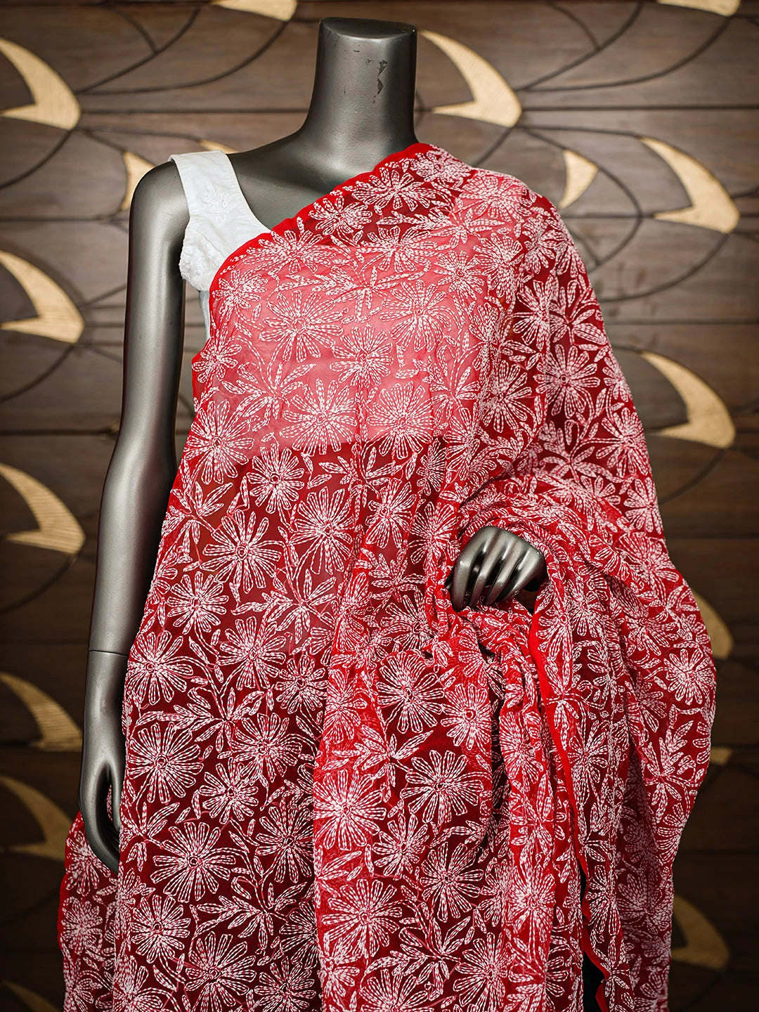 Ada Hand Embroidered Red Faux Georgette Lucknowi Chikankari Dupatta 01A859618