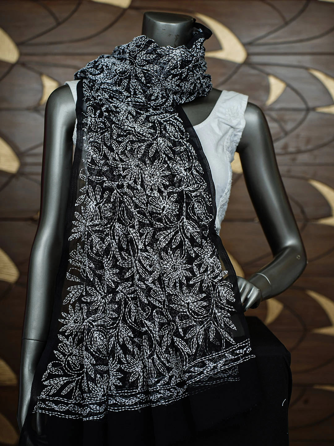 Ada Hand Embroidered Black Faux Georgette Lucknowi Chikankari Dupatta 01A896553