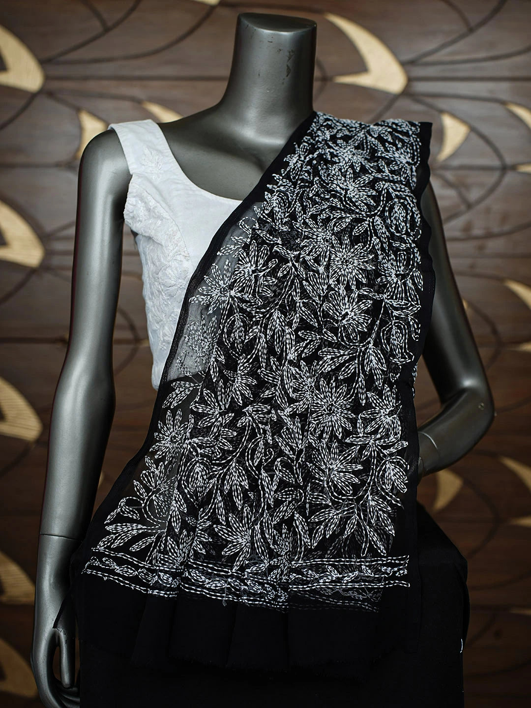 Ada Hand Embroidered Black Faux Georgette Lucknowi Chikankari Dupatta 01A896553