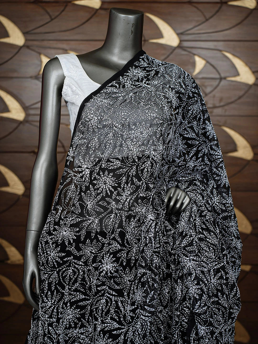 Ada Hand Embroidered Black Faux Georgette Lucknowi Chikankari Dupatta 01A896553