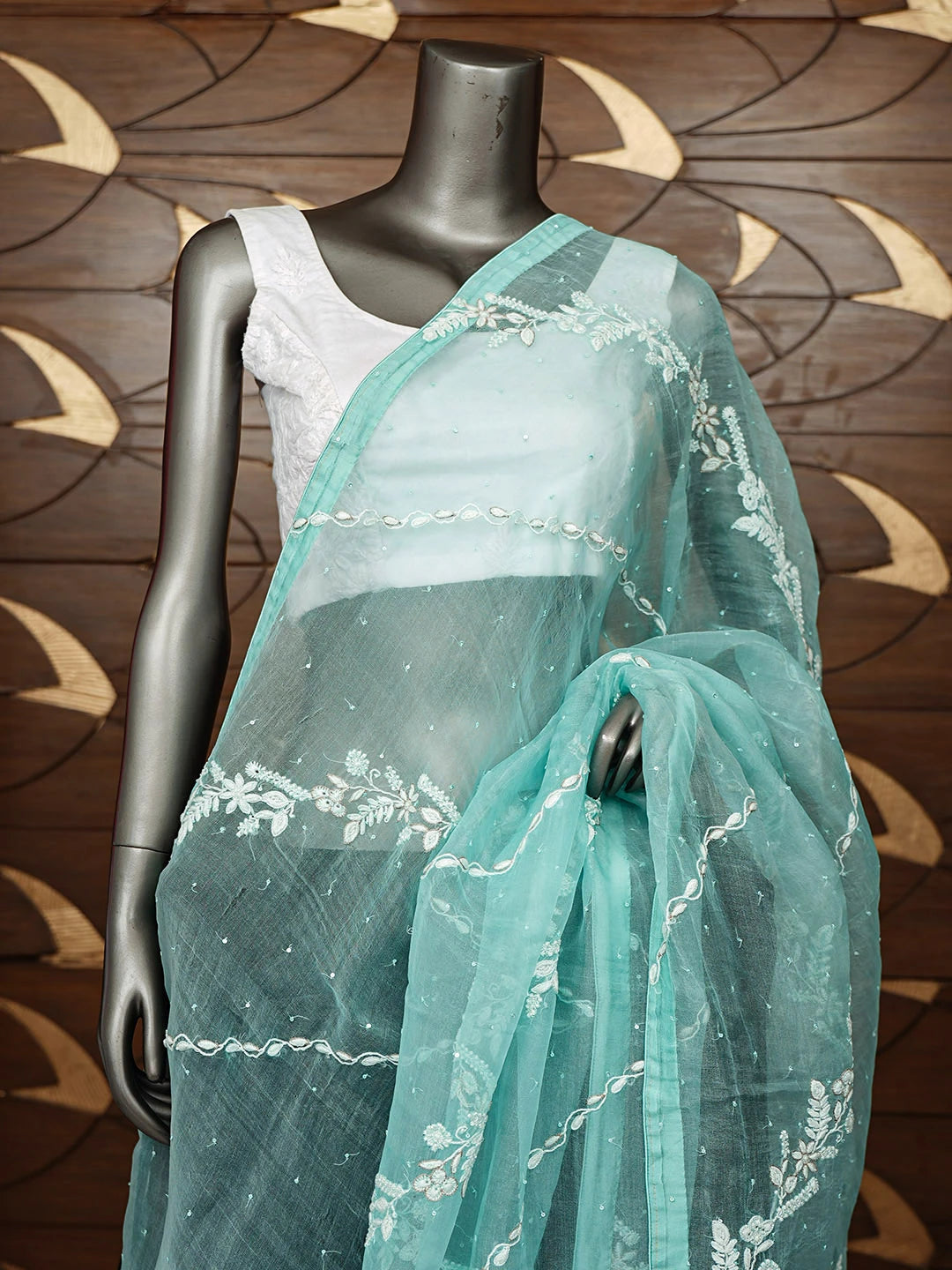 Ada Hand Embroidered Sea Green Organza Lucknowi Chikankari Dupatta With Zari Taar Work 01A719218
