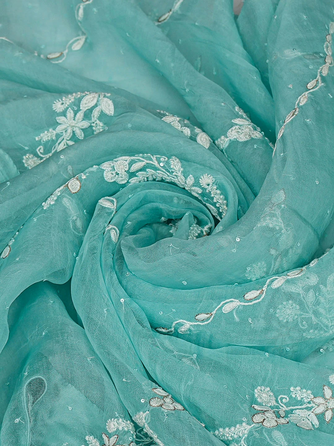 Ada Hand Embroidered Sea Green Organza Lucknowi Chikankari Dupatta With Zari Taar Work 01A719218