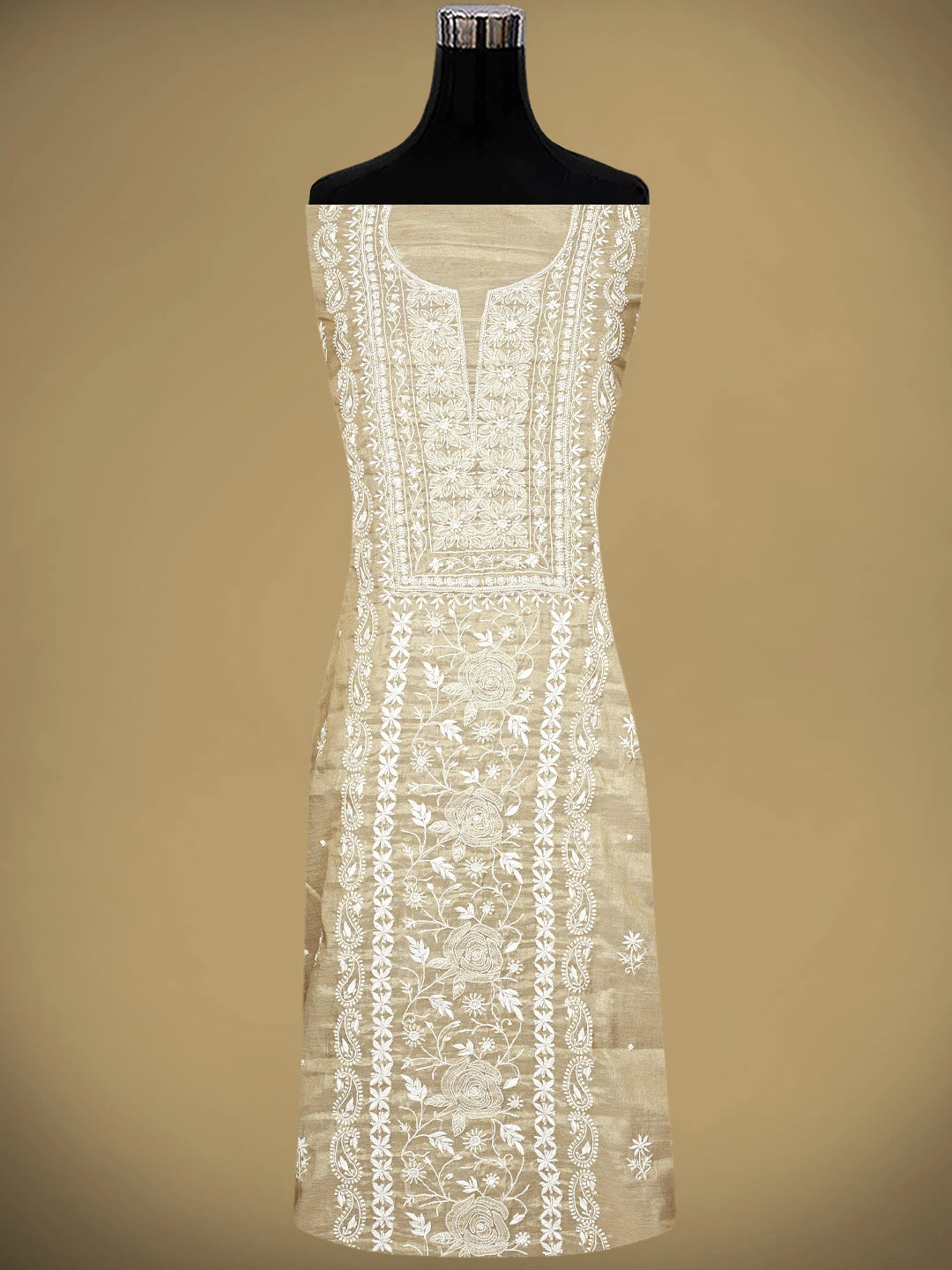Ada Hand Embroidered Fawn Tissue Lucknowi Chikankari Unstitched Kurta Dupatta Set With Pearl Work 01A968213