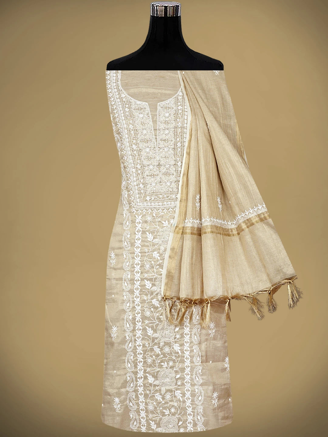 Ada Hand Embroidered Fawn Tissue Lucknowi Chikankari Unstitched Kurta Dupatta Set With Pearl Work 01A968213